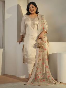 Extra love by Libas - Taupe Woven Embroidered Kurta with Pant and Dupatta