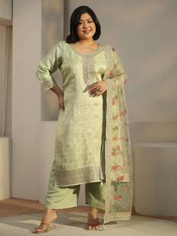 Extra love by Libas - Green Woven Embroidered Kurta with Pant and Dupatta