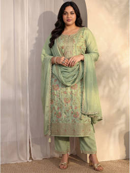 Extra love by Libas - Green Floral Embroidered Kurta with Pant and Dupatta