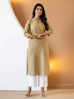 Aayusika - Khaki Stripes Thread Work Kurta