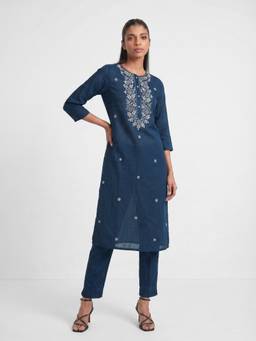 max - Navy Blue Floral Embroidered Kurta with Pant