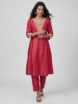 max - Red Embroidered Sequined Work Kurta with Pant