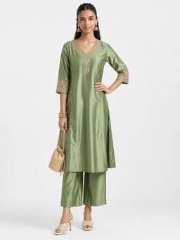 max - Green Embroidered Zari Kurta with Pant