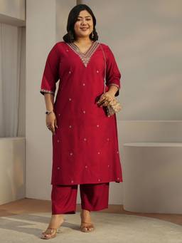 Extra love by Libas - Maroon Embroidered Zari Kurta with Pant