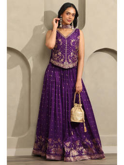 Soch - Purple Woven Mirror Work Lehenga with Choli-Unstitched Sleeves and Dupatta