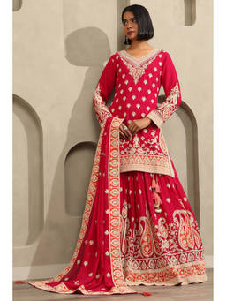 Soch - Magenta Embroidered Sequined Work Lehenga with Kurti and Dupatta