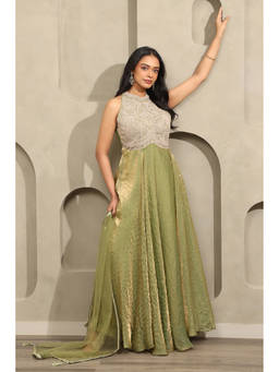 Soch - Green Embroidered Mirror Work Dress-Unstitched Sleeves with Dupatta