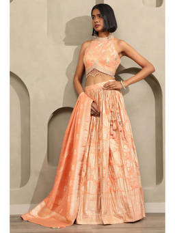 Soch - Peach Woven Tassels Lehenga with Choli-Unstitched Sleeves and Dupatta