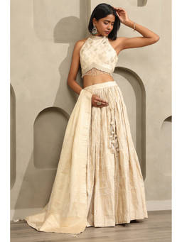 Soch - Off White Woven Tassels Lehenga with Choli-Unstitched Sleeves and Dupatta