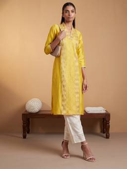 max - Yellow Embroidered Mirror Work Kurta