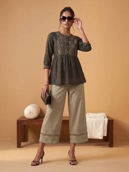 max - Grey Self Design Lace Work Pant