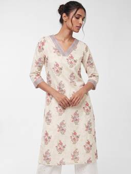 max - Off White Floral Printed Kurta