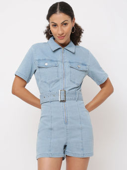 Missguided - Light Blue Stretch Denim Zip Though Playsuit With Belt
