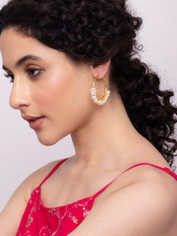 Indya - Gold White Multi Bead Drop Hoop Earrings