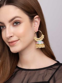 Indya - Gold Pastel Beaded Hoop Dangler Earrings
