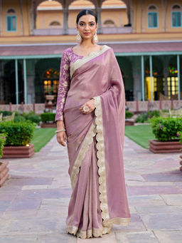 Kasya - Onion Pink Solid Embellished Tissue Saree Without Blouse Piece