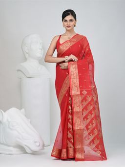 CHARUKRITI - Red Woven Zari Saree without Blouse