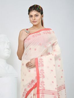 CHARUKRITI - Off White Floral Woven Saree without Blouse