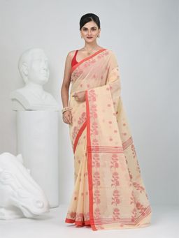 CHARUKRITI - Cream Floral Woven Saree without Blouse
