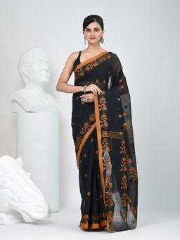 CHARUKRITI - Black Floral Woven Saree without Blouse