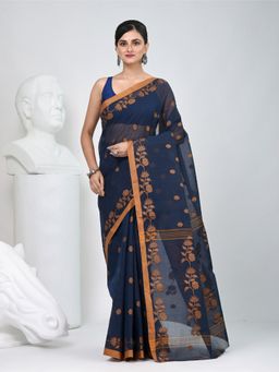 CHARUKRITI - Navy Blue Floral Woven Saree without Blouse