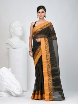 CHARUKRITI - Black Stripes Woven Saree without Blouse