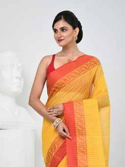 CHARUKRITI - Yellow Stripes Woven Saree without Blouse