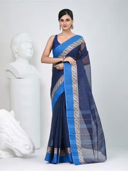 CHARUKRITI - Navy Blue Stripes Woven Saree without Blouse