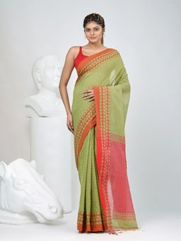 CHARUKRITI - Green Woven Tassels Saree with Unstitched Blouse