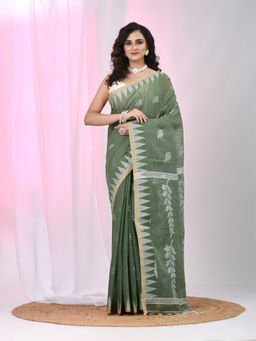 CHARUKRITI - Green Woven Tassels Saree with Unstitched Blouse