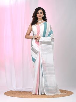 CHARUKRITI - White Stripes Tassels Saree with Unstitched Blouse