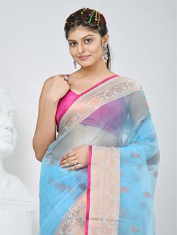 CHARUKRITI - Blue Woven Tassels Saree with Unstitched Blouse