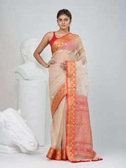 CHARUKRITI - Beige Woven Tassels Saree with Unstitched Blouse