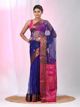 CHARUKRITI - Navy Blue Woven Tassels Saree with Unstitched Blouse