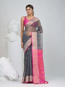 CHARUKRITI - Grey Woven Tassels Saree with Unstitched Blouse