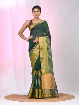 CHARUKRITI - Green Woven Tassels Saree with Unstitched Blouse