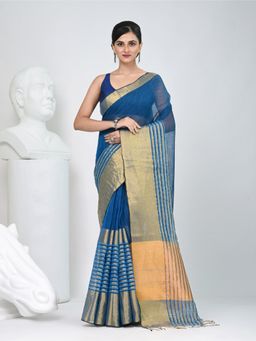CHARUKRITI - Blue Woven Tassels Saree with Unstitched Blouse