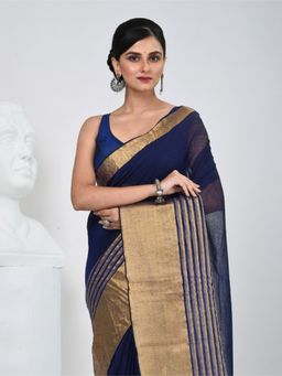 CHARUKRITI - Navy Blue Woven Tassels Saree with Unstitched Blouse