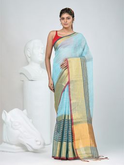 CHARUKRITI - Blue Woven Tassels Saree with Unstitched Blouse