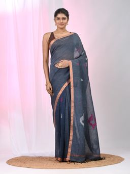 CHARUKRITI - Grey Embellished Tassels Saree with Unstitched Blouse