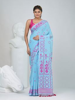 CHARUKRITI - Blue Woven Tassels Saree with Unstitched Blouse