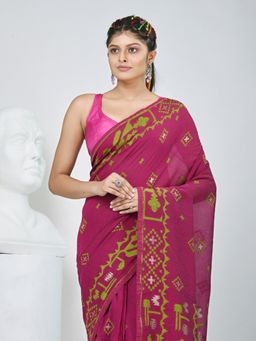 CHARUKRITI - Magenta Woven Tassels Saree with Unstitched Blouse