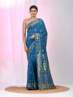 CHARUKRITI - Blue Woven Tassels Saree with Unstitched Blouse