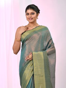 CHARUKRITI - Teal Woven Tassels Saree with Unstitched Blouse