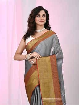 CHARUKRITI - Grey Woven Tassels Saree with Unstitched Blouse