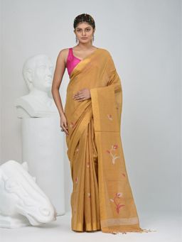 CHARUKRITI - Beige Woven Tassels Saree with Unstitched Blouse