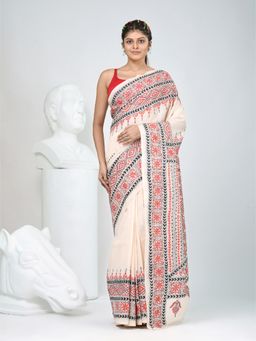 CHARUKRITI - Beige Embroidered Thread Work Saree with Unstitched Blouse