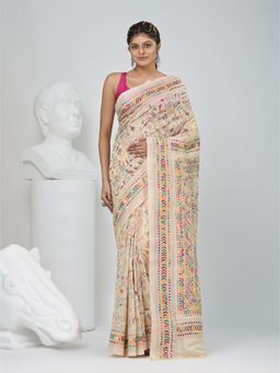 CHARUKRITI - Beige Embroidered Thread Work Saree with Unstitched Blouse