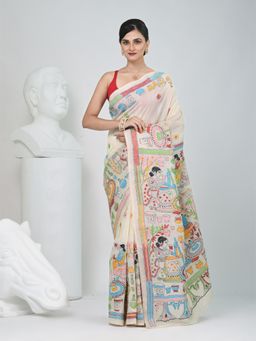 CHARUKRITI - Off White Embroidered Thread Work Saree with Unstitched Blouse