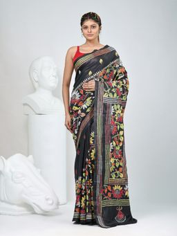 CHARUKRITI - Black Embroidered Thread Work Saree with Unstitched Blouse